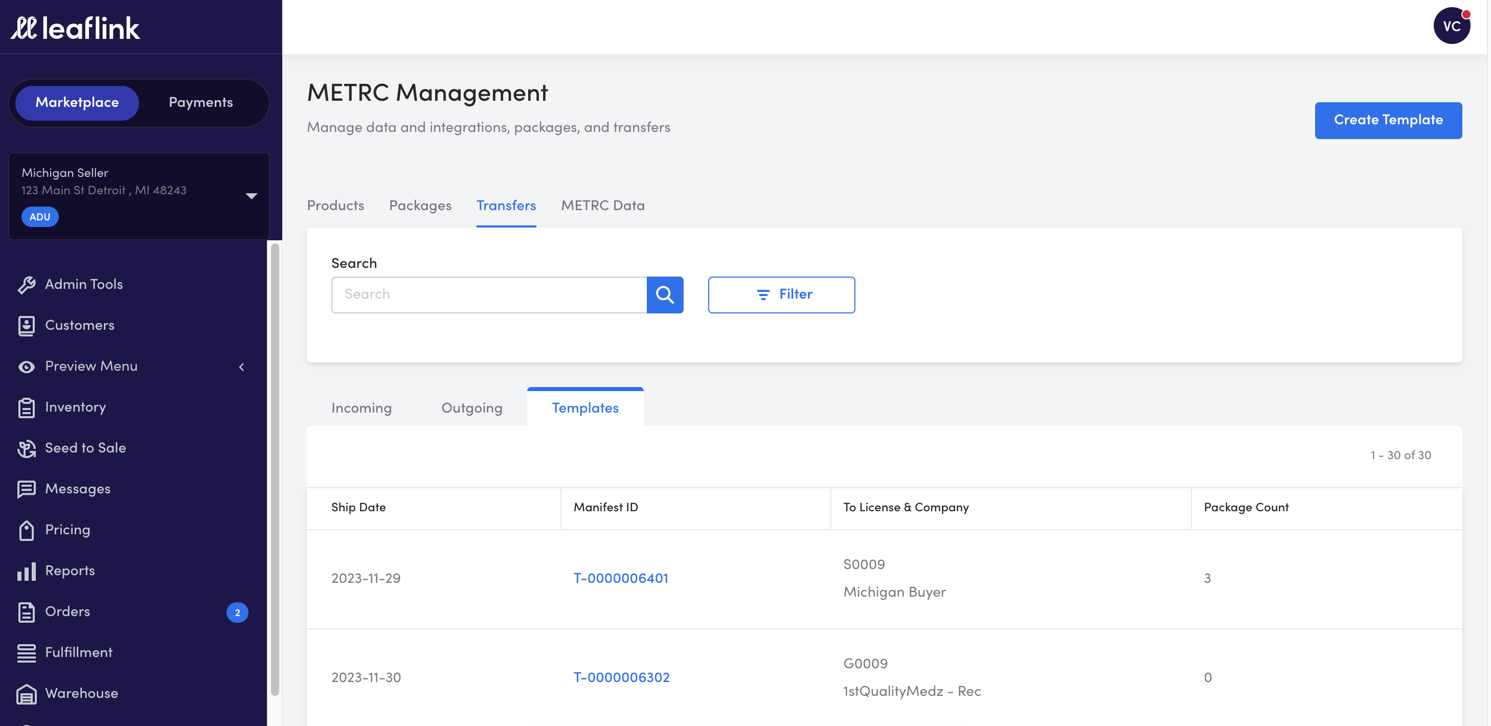 How to create a METRC transfer template in LeafLink